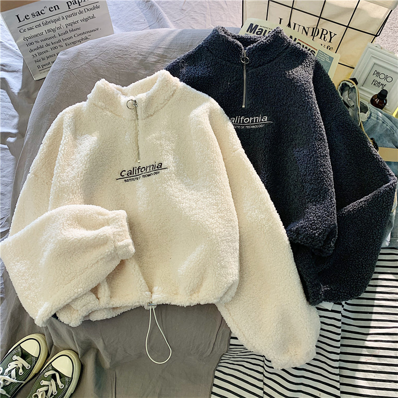 Semi-high collar, thickened with fleece, lambskin fluffy short hoodie for girls, Korean style student autumn and winter warm coat delivery service full figure