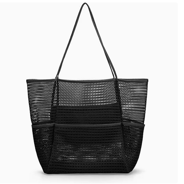 Cross-border grid perforated bag, printed large-capacity portable travel beach bag for men and women, single-shoulder bag, handbag, storage bag, casual handbag, simple grid bag, beach bag Item Picture