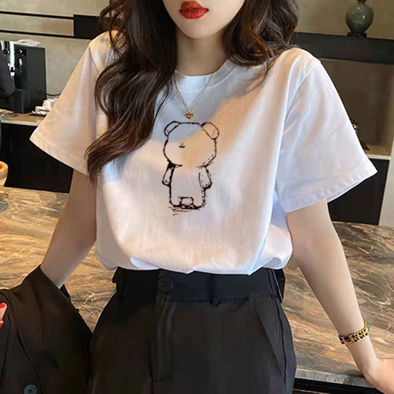 Pure cotton bear short-sleeved T-shirt for women's summer 2026 new style, Harajuku design sense, niche white half-sleeved T-shirt, trendy on Instagram Specification drawing
