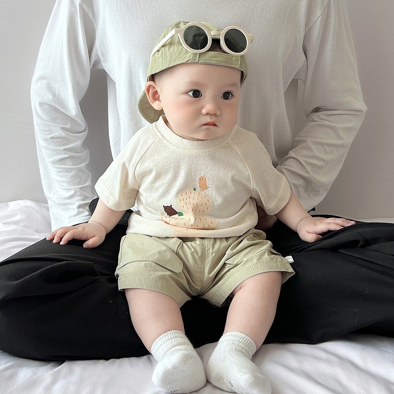 Baby summer short-sleeved set, Korean-style cool boy cartoon print casual thin T-shirt, baby versatile shorts details Picture