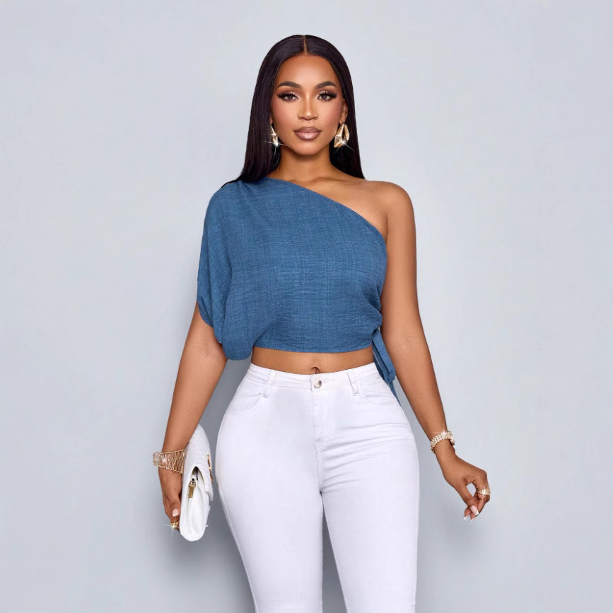 Amazon Spring/Summer Women's casual top for commuting, made of blue textured fabric, single-shoulder folding, adjustable drawstring for hot girls full figure