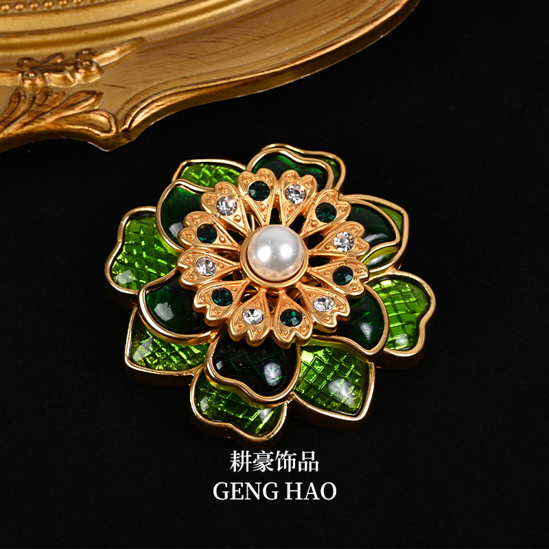复古捷克钻绿色琉璃花朵样式胸针法式vintage中古粉色花朵耳坠 details Picture