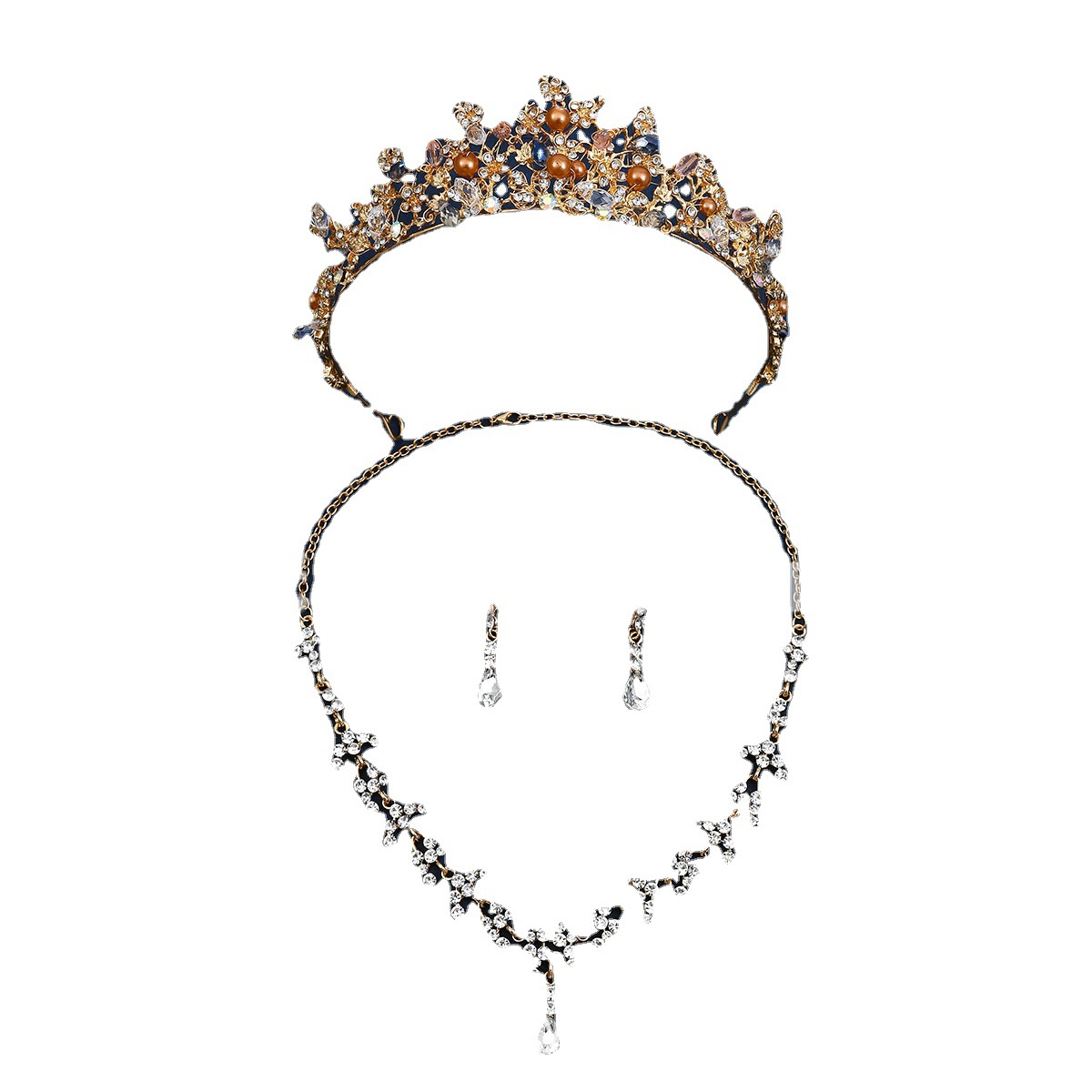 Woven crystal diamond princess headwear, luxurious princess goddess hair accessory, hair crown, necklace, earrings, queen's crown set Item Picture