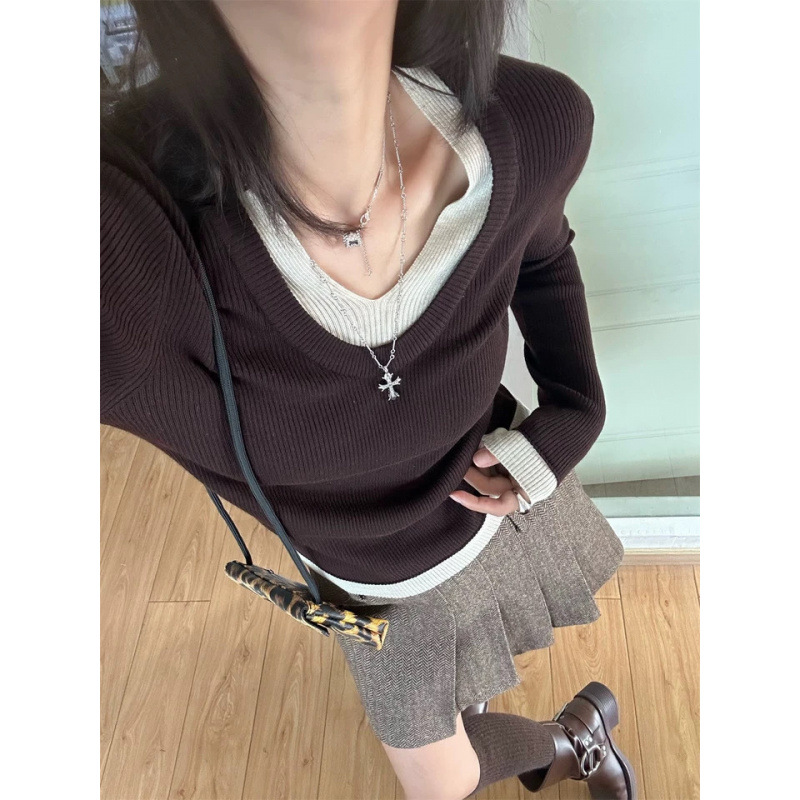 KANING假两件v领针织打底衫女秋季新款高级感内搭毛衣修身上衣潮细节图