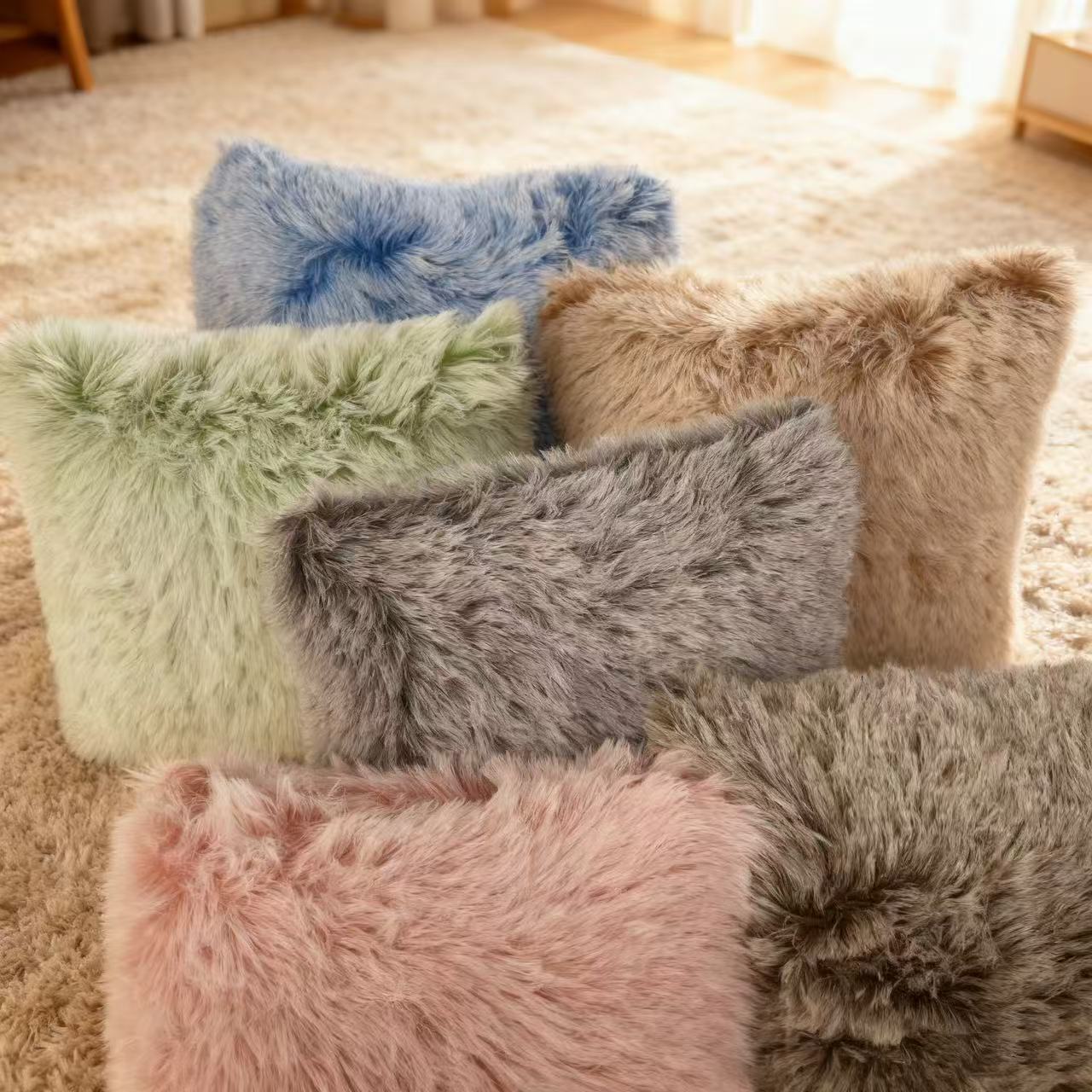 Cross-border bestseller plush pillowcase, simple European-style solid color peacock fleece office and home sofa pillow Application Scenario
