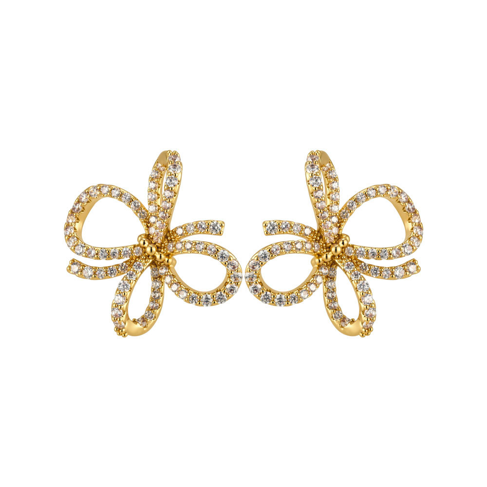 Heavy industry three-dimensional double-layer bow stud earrings, copper alloy, real gold electroplated, slightly inlaid zircon s925 silver needle light luxury earrings Item Picture