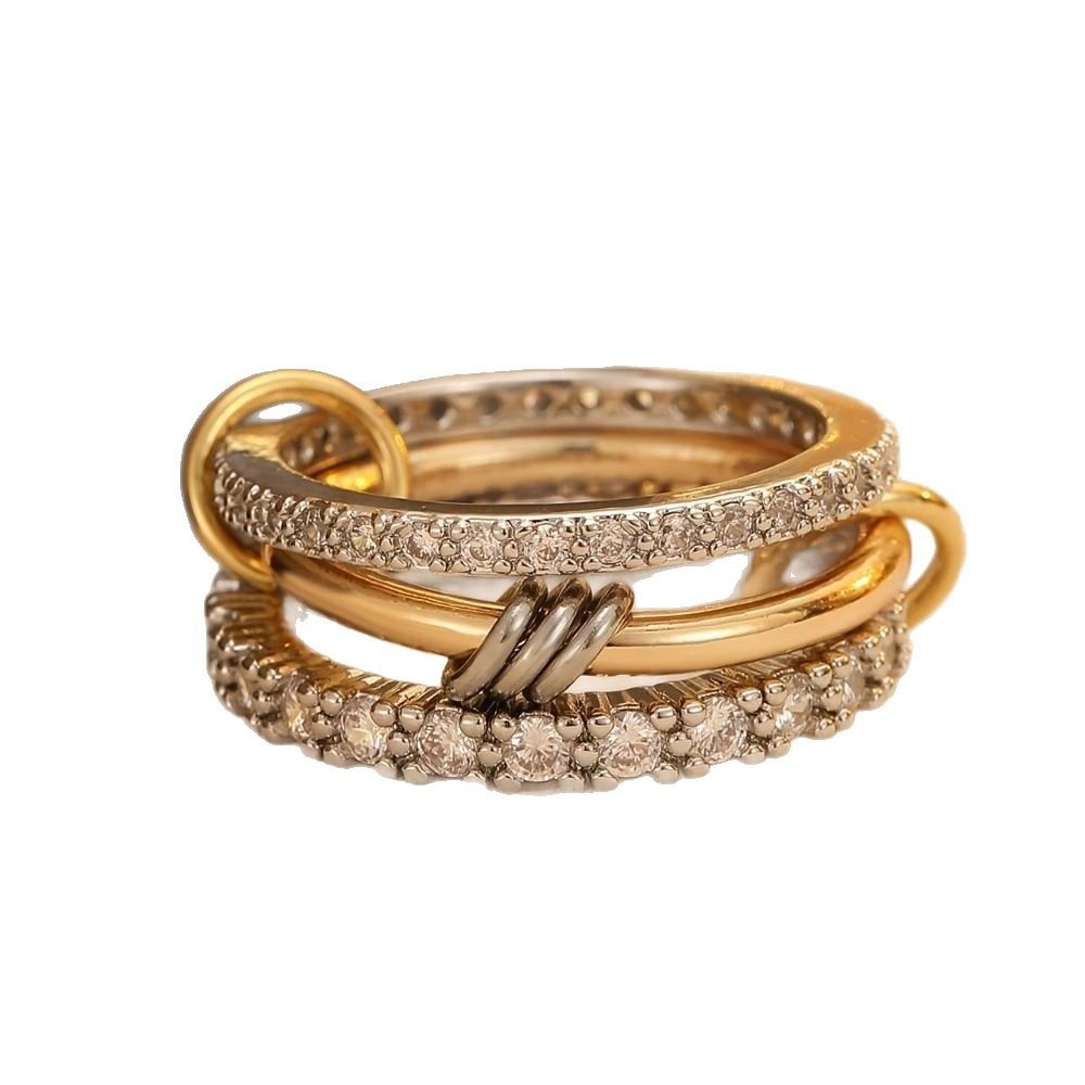 Wholesale of new cross-border color-blocking platinum ring interlocking three-in-one women's copper ring and gold and silver dual-color ring Item Picture