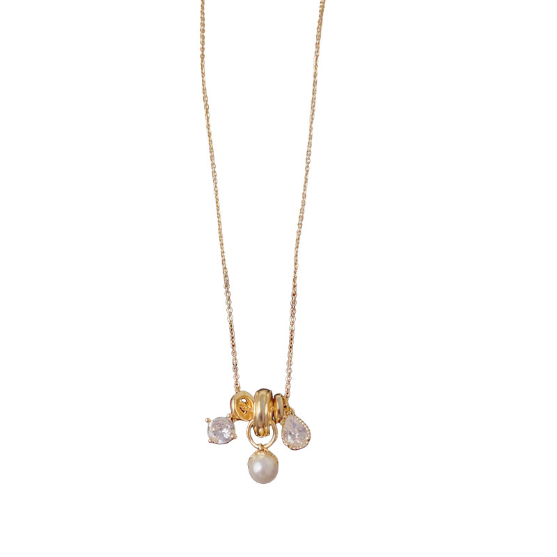 European and American cross-border personalized and fashionable design sense diamond-encrusted water drop pearl pendant necklace, simple and elegant, super sparkling collarbone chain Item Picture