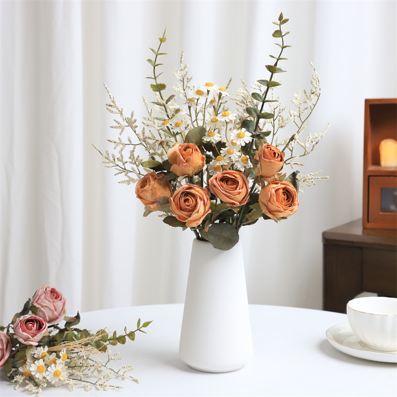 高级感逼真复古焦边玫瑰雏菊假花仿真花花束干花家居餐桌装饰摆件