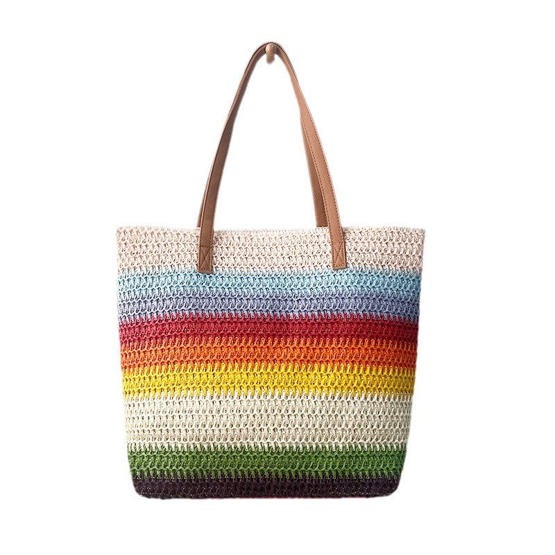 Cross-border straw weaving bag, colorful patchwork handbag, eco-friendly Lafite straw paper weaving bag, tote bag, large-capacity single-shoulder crossbody bag, fashionable and versatile vacation style tote single-shoulder bag, women's paper weaving straw weaving bag Item Picture