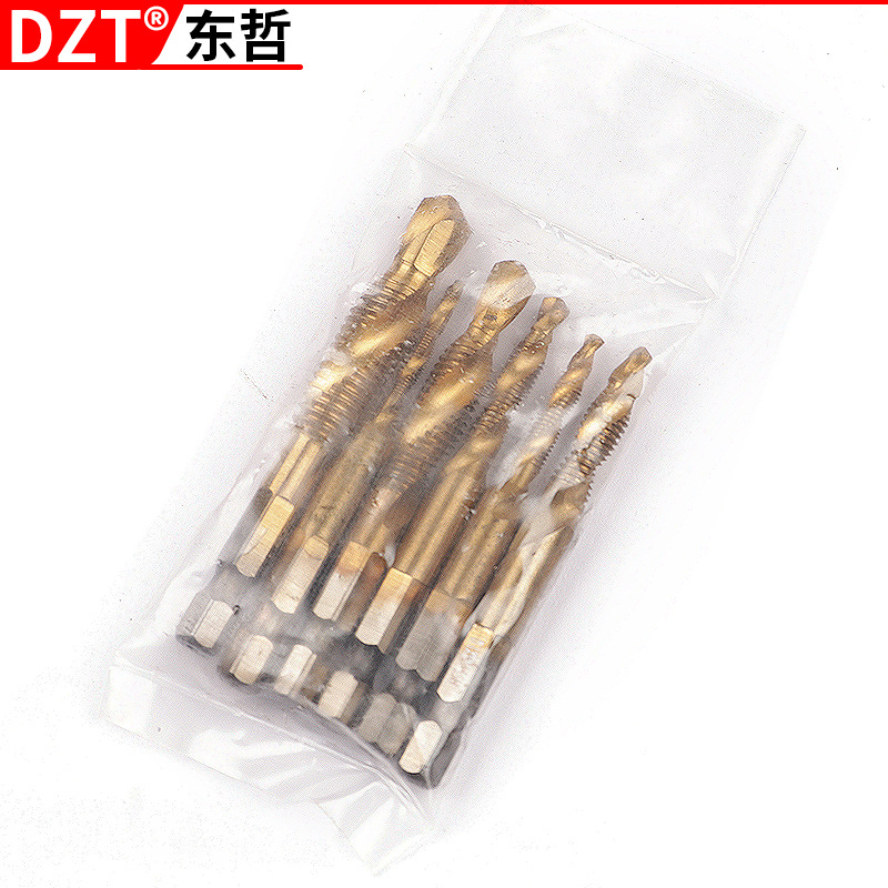 High-speed steel composite tap hexagonal handle titanium plating machine spiral tap tool tapping and chamfering integrated set Item Picture