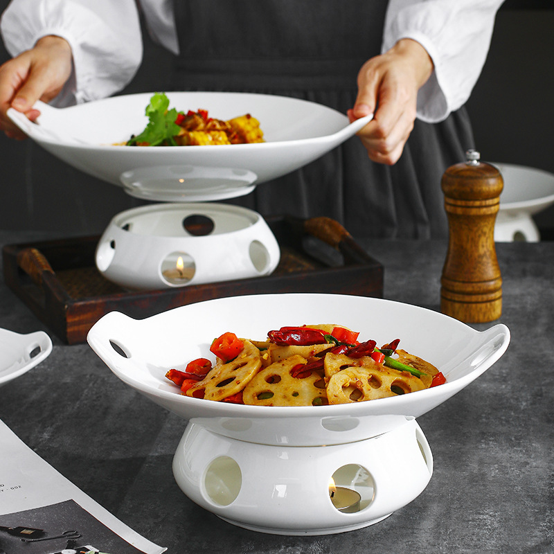 Insulated dish set, heated ceramic stove base, double-ear small stir-frying plate, candle heating, pure white hotel tableware details Picture