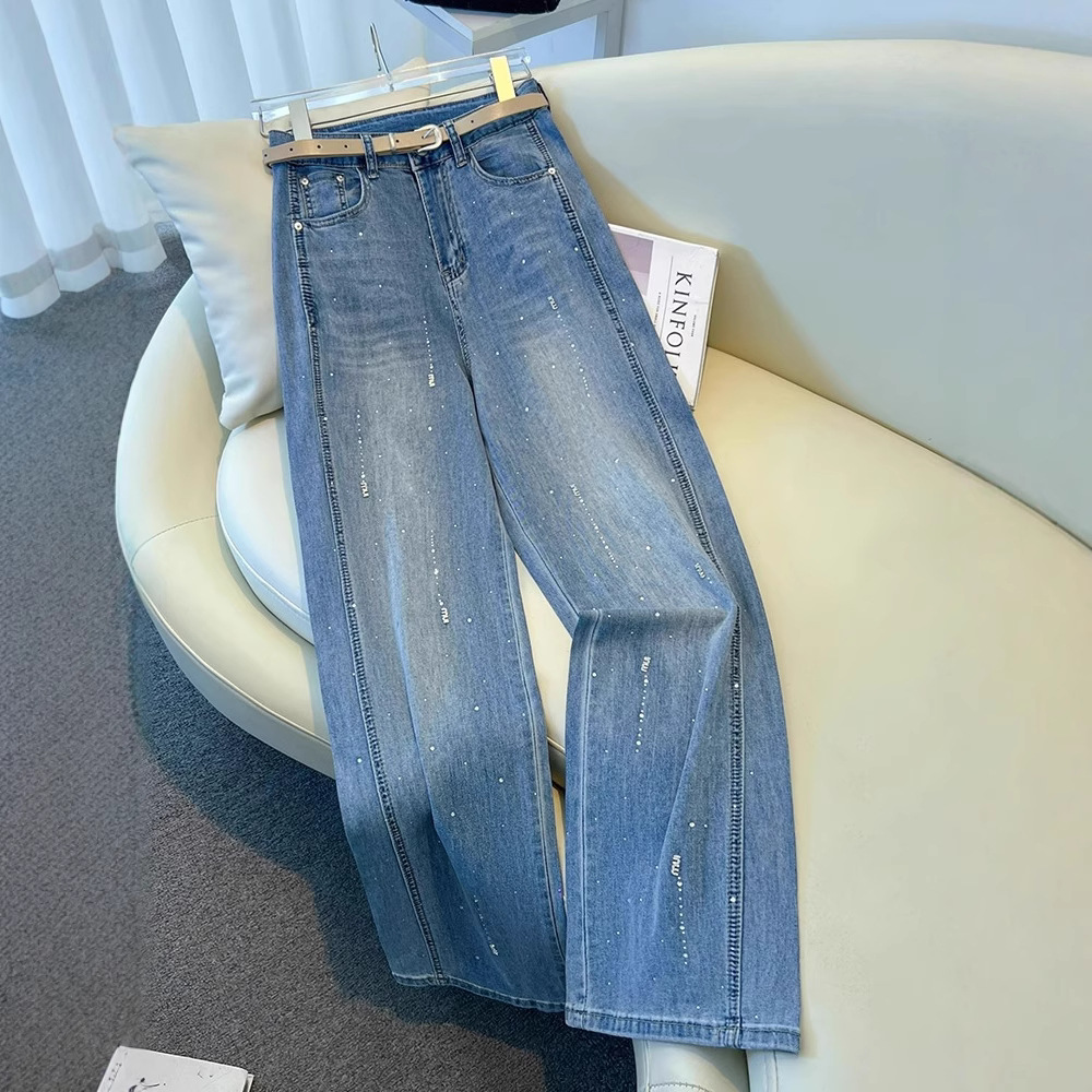 High-end diamond-encrusted wide-leg jeans for women's autumn and winter 2025 new style, loose and slimming, with rhinestone drape, narrow straight-leg pants