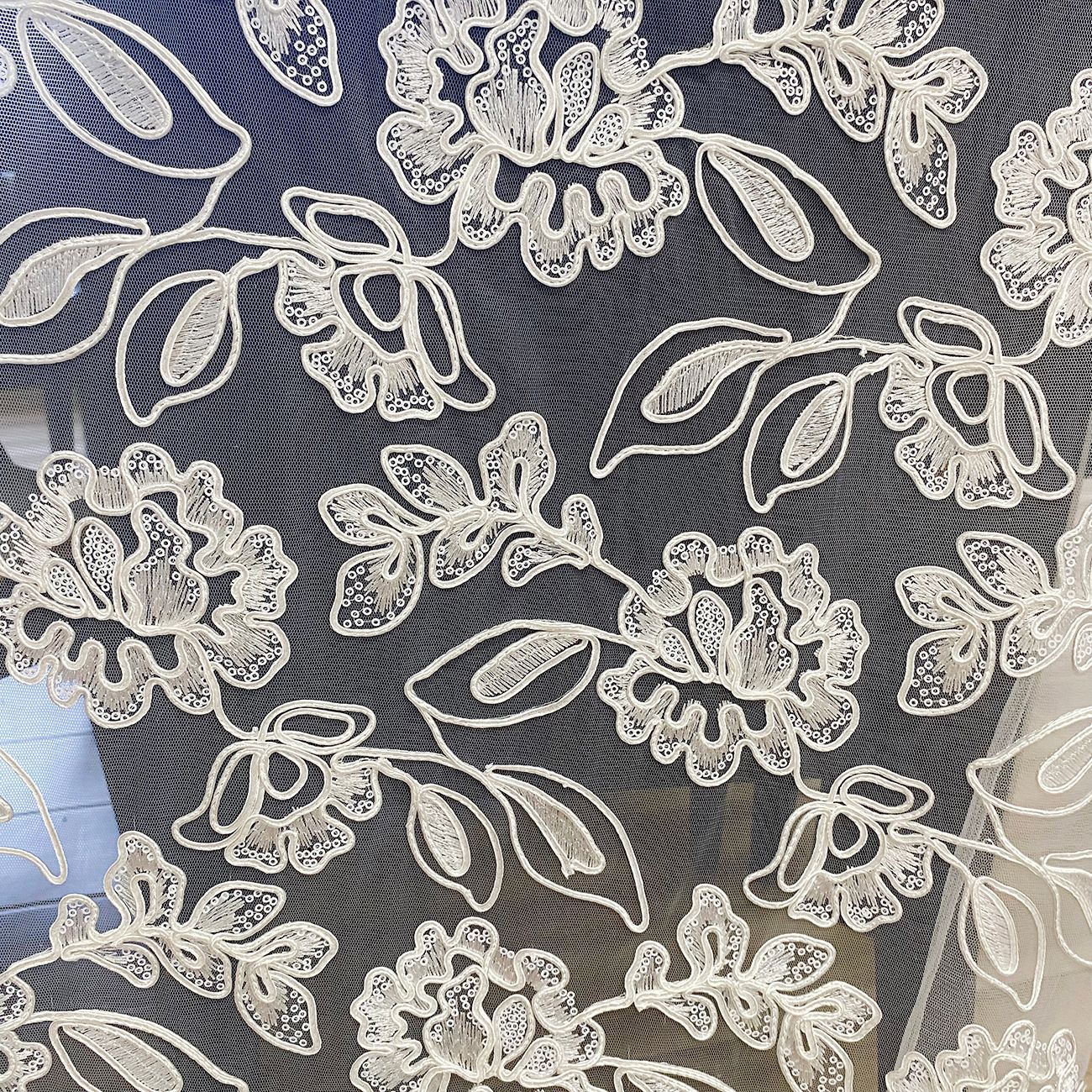 embroiderylace fabric with sequins for wedding dresses and evening gowns from Benbai Heavy Industry is in stock at the factory details Picture