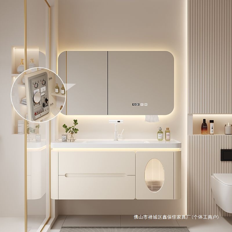 智能浴室柜防水防潮卫浴陶瓷一体盆装修卫生间梳妆台简约现代实木细节图