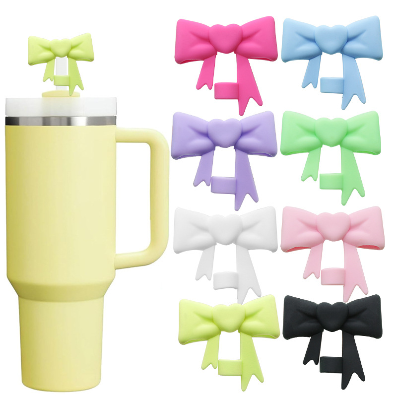 Cross-border in-stock heart-shaped bow straw caps, silicone straw covers, stanley water cups, 10mm straw LIDS wholesale
