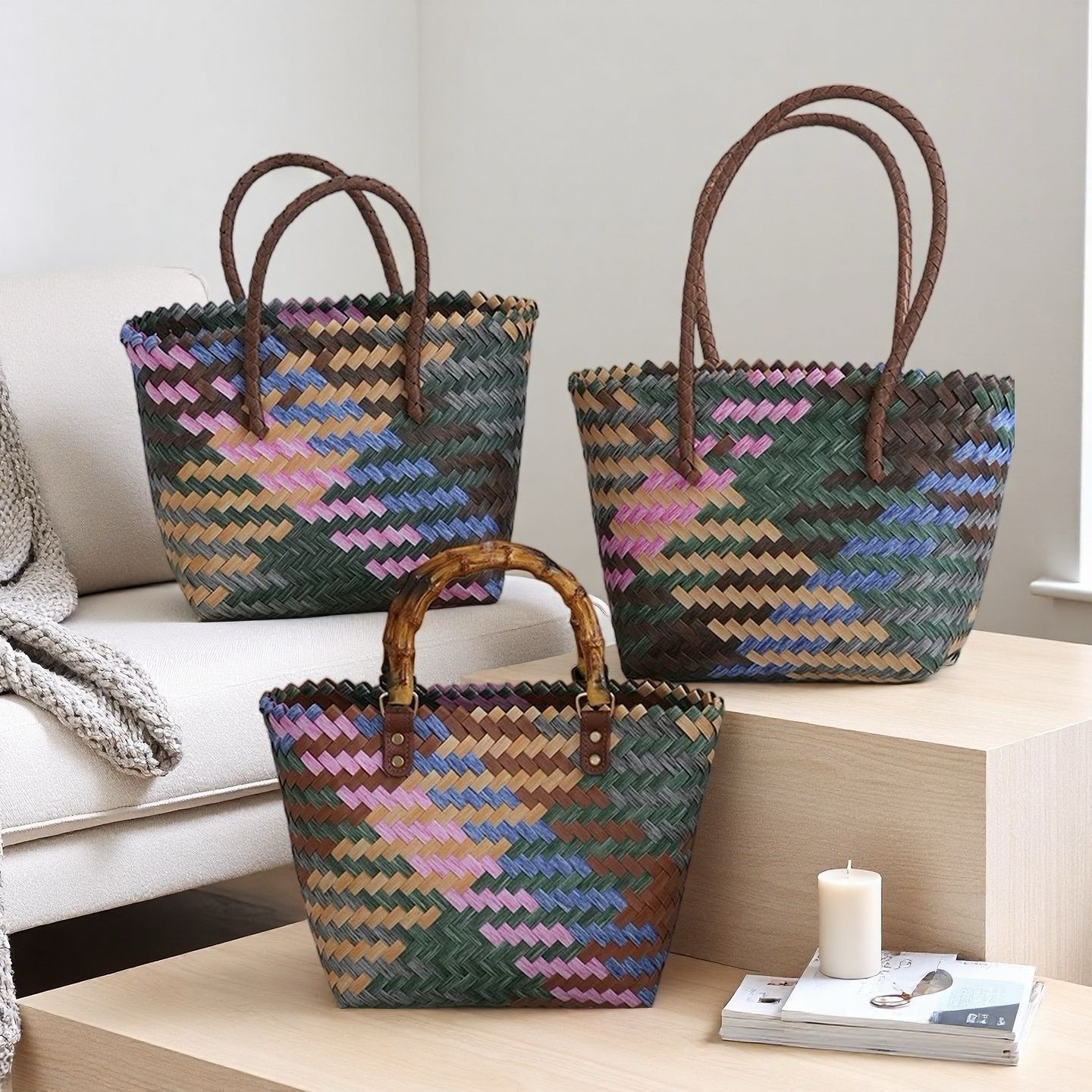Cross-border bamboo weaving bag, rattan weaving handbag, straw weaving bag, bamboo joint bag, retro pure hand-woven bag, vegetable basket, simple and versatile single-shoulder bag, hand-woven bamboo weaving bag Specification image