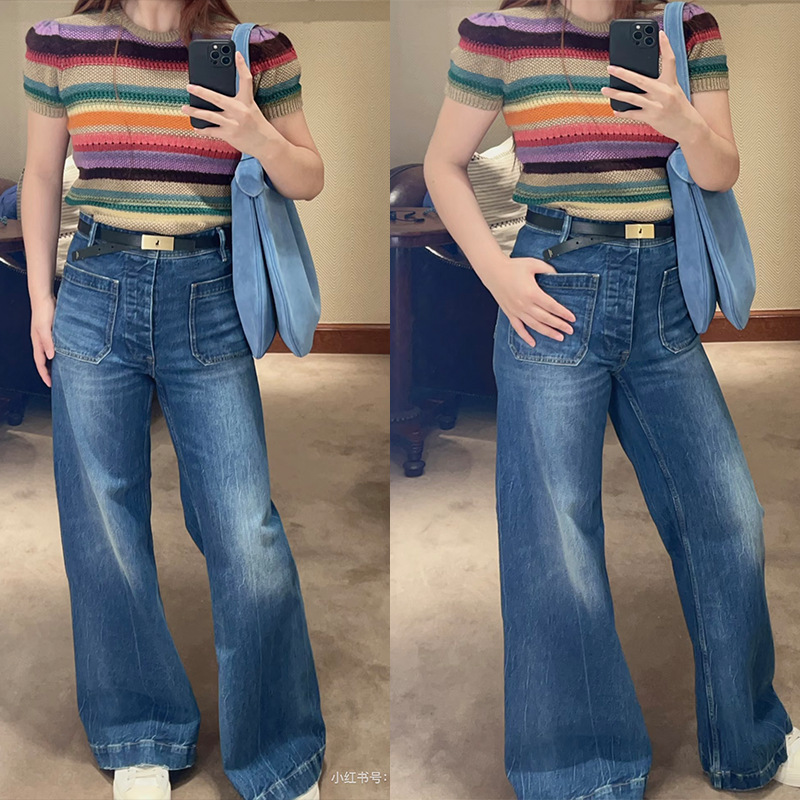 PL blue jeans for men and women, high-waisted loose, casual, versatile, wide-leg trousers with patch pockets, European and American style 2026 new style Specification image