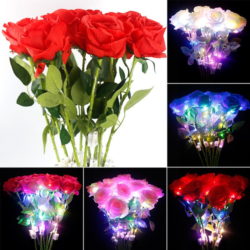 现货发光玩具七夕情人节玫瑰花礼物七彩玫瑰花彩色仿真玫瑰花束