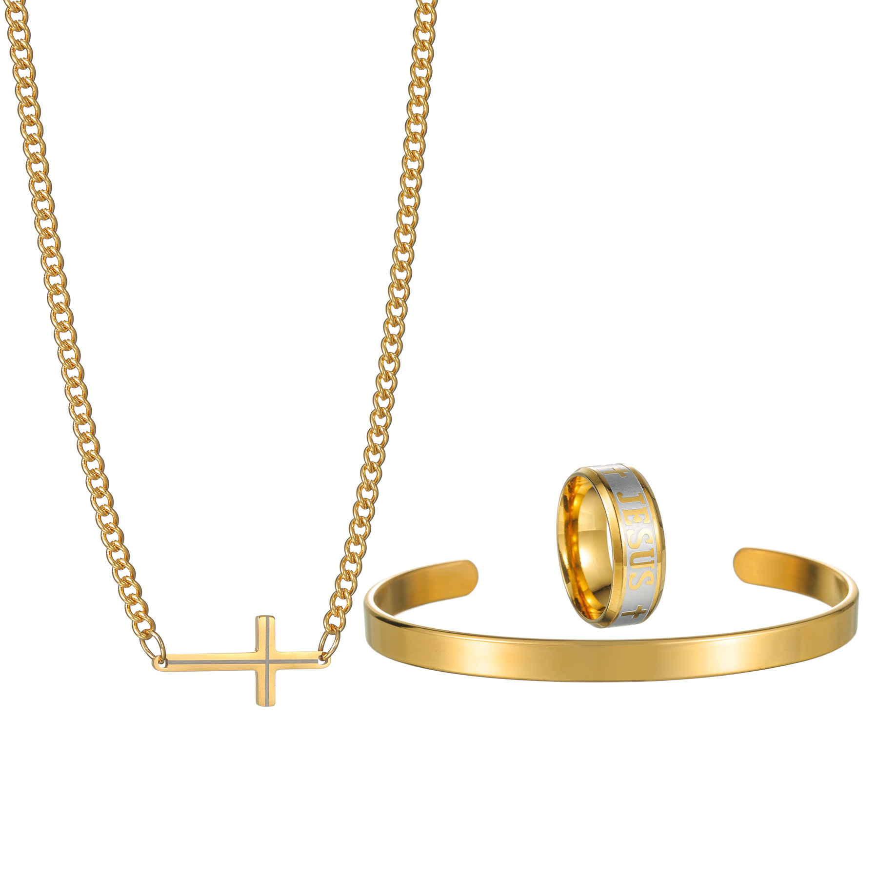 The new cross-border temu Xiyin jewelry set, titanium steel bracelet, cross necklace and ring, is a must-have for trendy men in Europe and America Item Picture