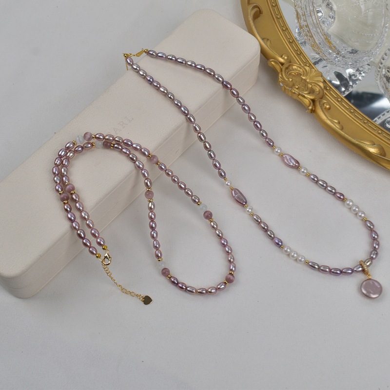 原创天然淡水珍珠项链紫色米珠猫眼石高级感轻奢颈链巴洛克毛衣链