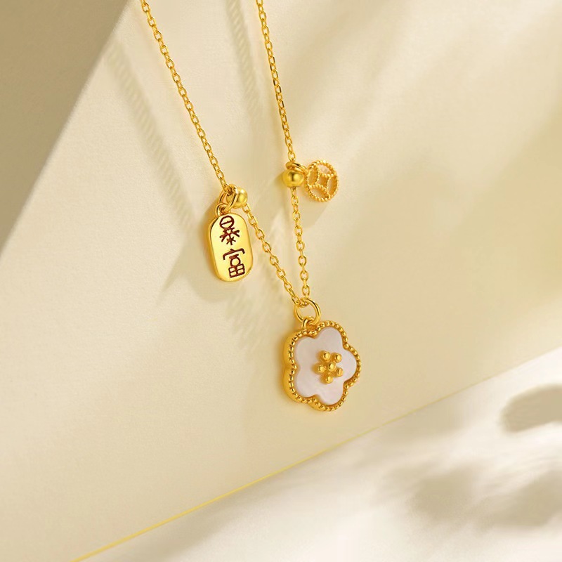 Silver money flower necklace, mother-of-pearl gift, niche design, lucky coin, small peach blossom pendant, high-end look for women