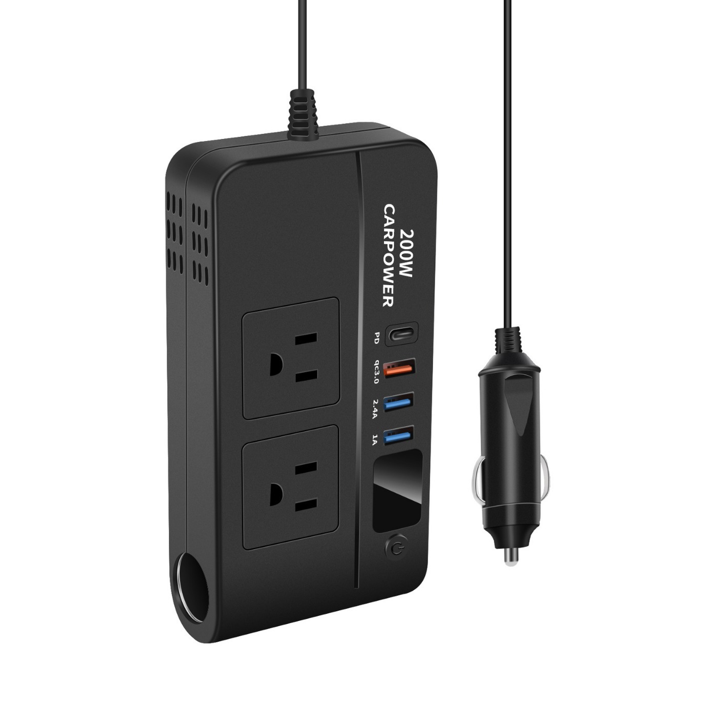 Black car power converter with dual USB American standard sockets, car charger, start power supply, cigarette lighter, fast charging, wireless charging, electric vehicle phone stand Item Picture