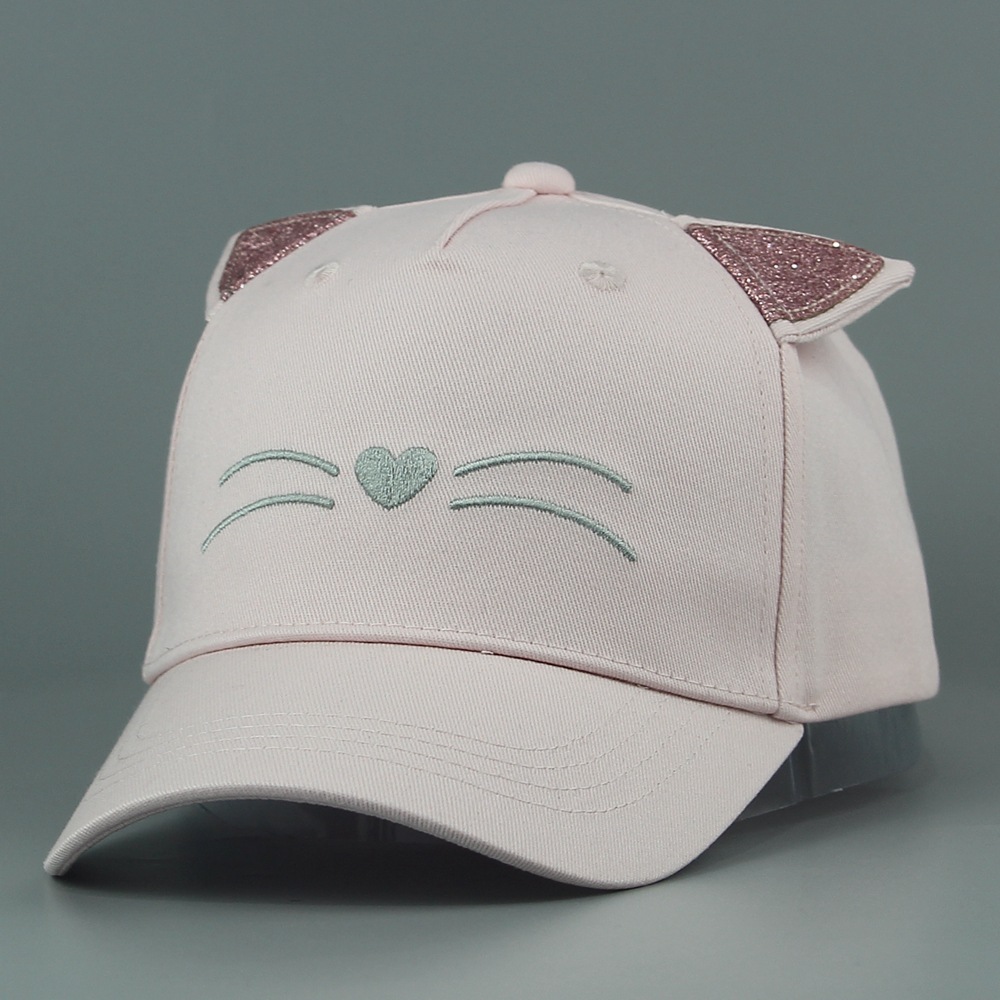 The hat factory produces children's hats, pink cotton cat sunshades, cute printed bright pink spring and summer net caps, breathable baseball caps Specification image