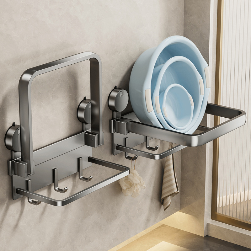 Gun ash suction cup basin storage rack, no need for drilling, bathroom wall-mounted folding basin rack, bathroom basin storage rack