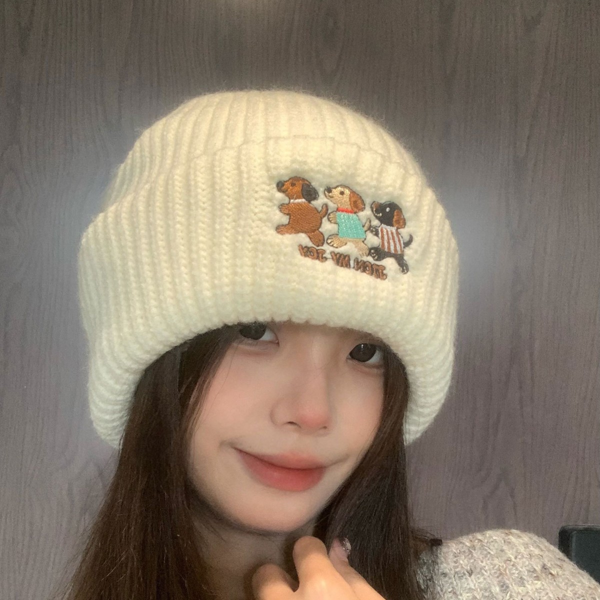 Cute three little dog embroidered woolen hats, children's warm autumn and winter ear-protecting knitted hats, face-enhancing little versatile headscarves Specification image