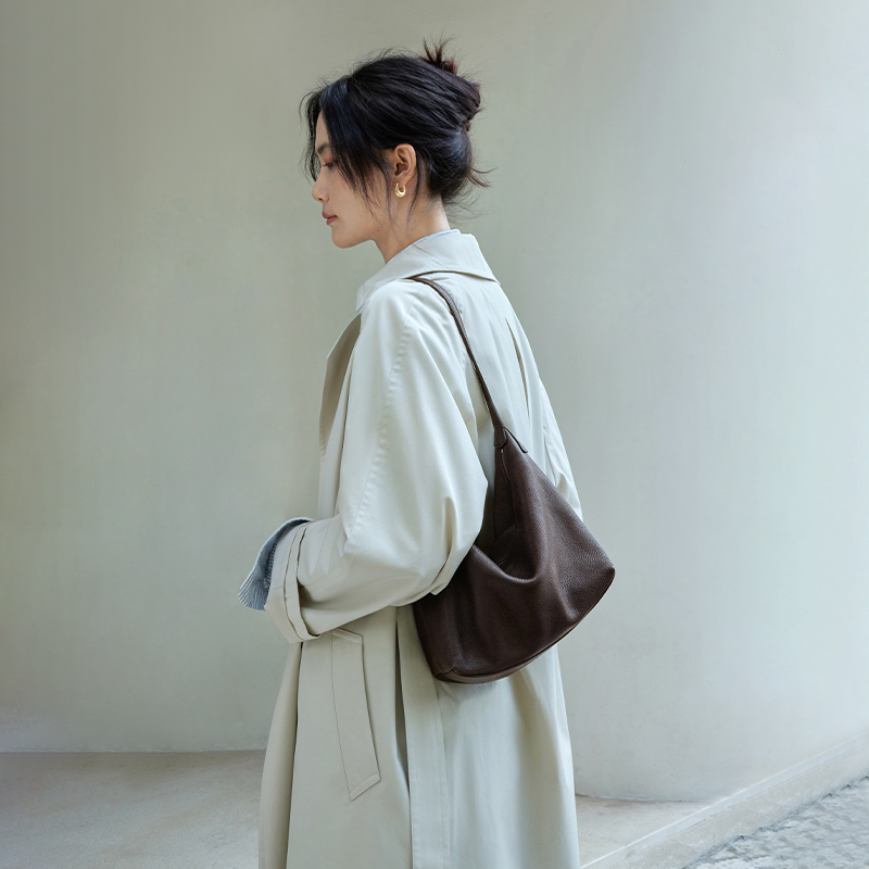 裘真植鞣牛皮腋下经典hobo包百搭休闲单肩斜挎通勤包真皮饺子包女产品图