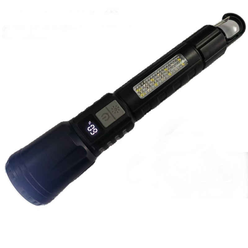 The new cross-border multi-functional outdoor lighting flashlight is equipped with a hook digital battery level display COB side light details Picture