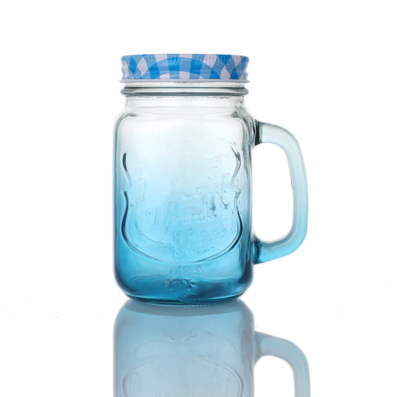 Mason glass cup with straw handle, creative juice glass water cup, gradient frosted colored glass water cup Item Picture