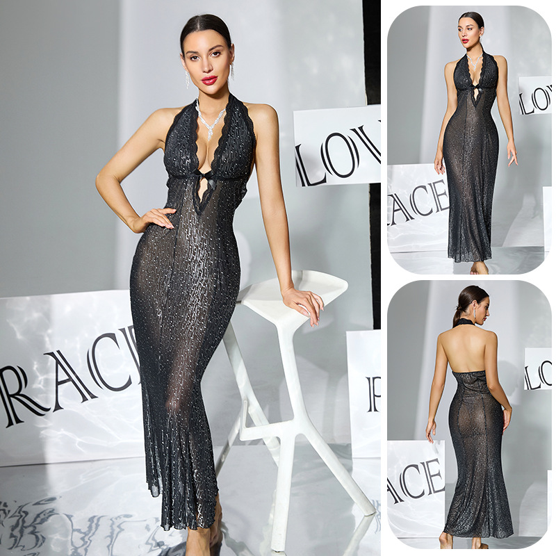 Black silk see-through dress for export, neckline, deep V-neck, backless, slim fishtail, sexy sleeping dress 1155