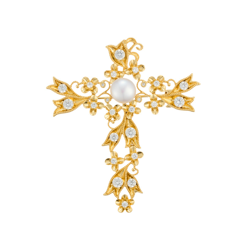 Luz de lujo premium senses filamentos broche cruzado aleación de cobre oro real electrochapado micro zirconitas perlas de agua dulce delicado pin Item Picture