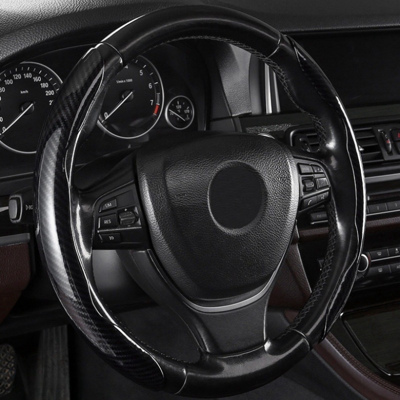 跨境亚马逊汽车镭射碳纤纹方向盘套半包超薄防滑车载桃木把套运动细节图