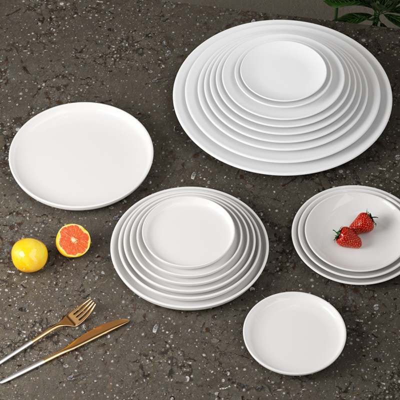Thick white jade porcelain melamine tableware plates, commercial round plates, large flat plates, hotel and restaurant cold dish plates, round plates wholesale