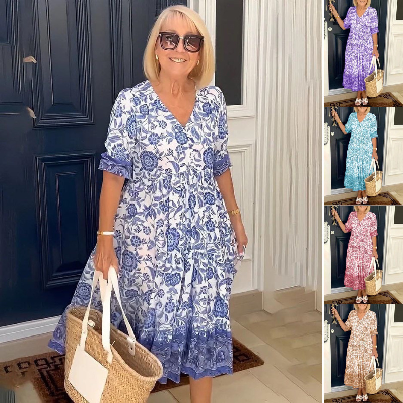 2025年新款大码超仙V领碎花连衣裙海边度假沙滩裙宽松百搭长裙子