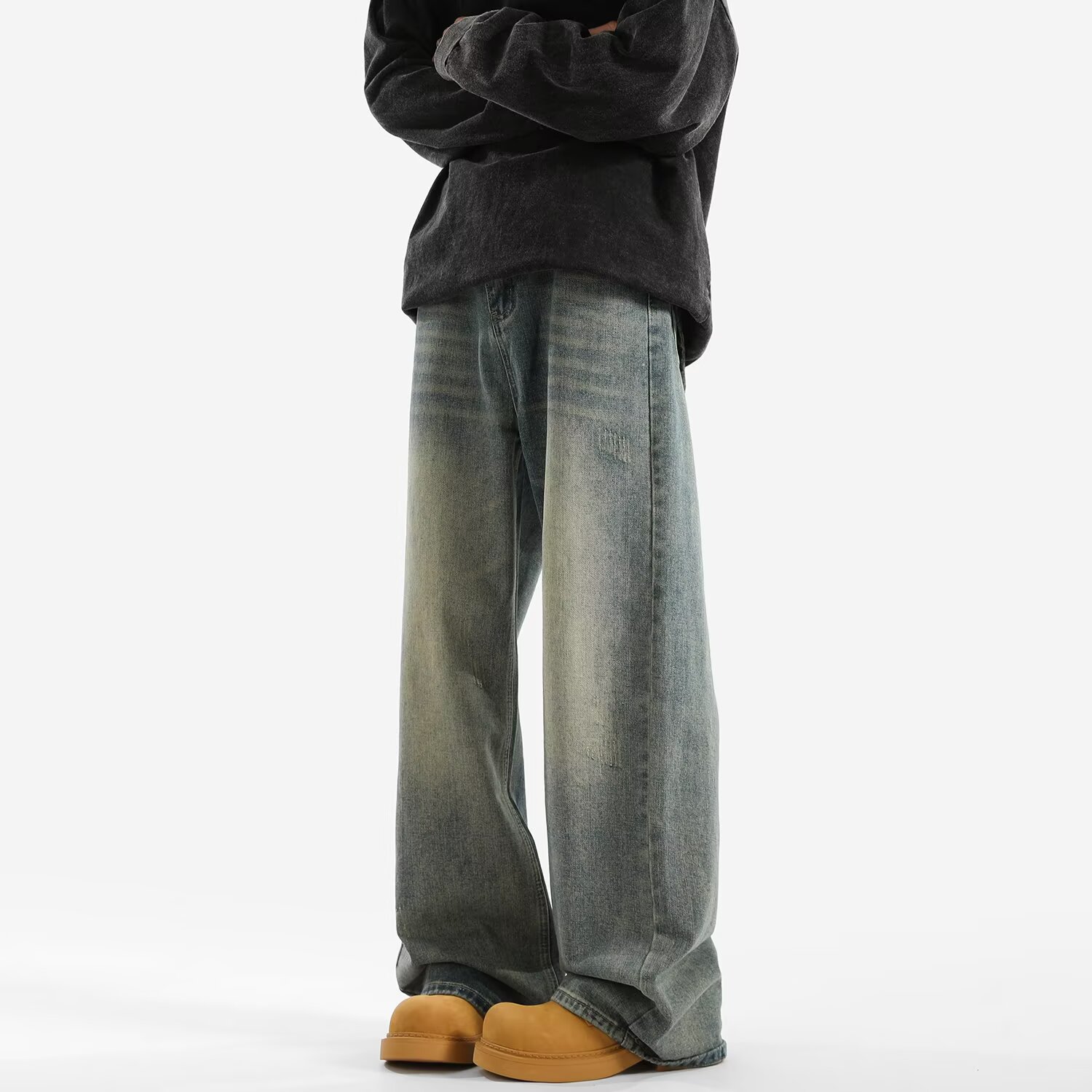 Spring and autumn washed American retro jeans, trendy men's spring trendy brand's heavyweight wide-leg pants, loose straight-leg trousers