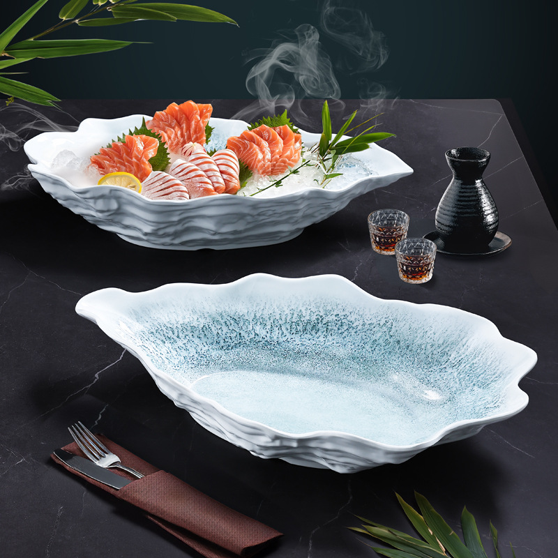 Melamine dry ice plate, hot pot tableware, creative hotel restaurant seafood, high-end oversized salmon sashimi plate