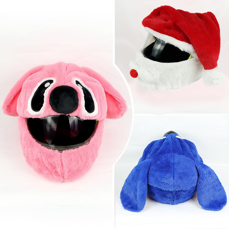 Plush helmet cover, motorcycle cover, cartoon head cover, windproof protective cover, Christmas cap, versatile solid color details Picture