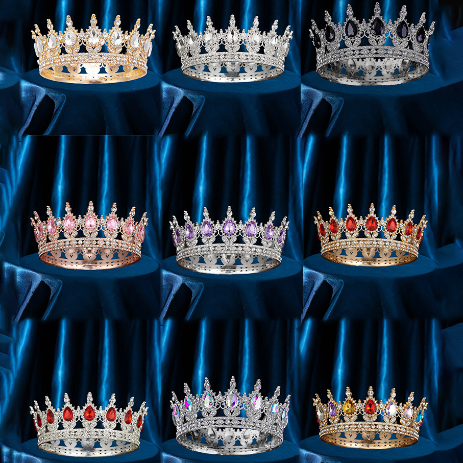 European and American cross-border bride round crown headwear, Baroque colorful crystal hair accessory, noble and elegant queen's full circle crown details Picture
