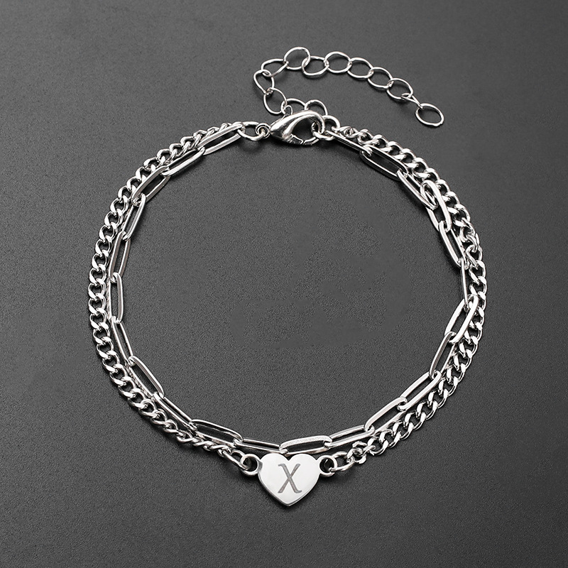 European and American stainless steel long box chain rectangular chain style bracelet, 26-letter DIY heart-shaped bracelet, titanium steel simple bracelet Specification image