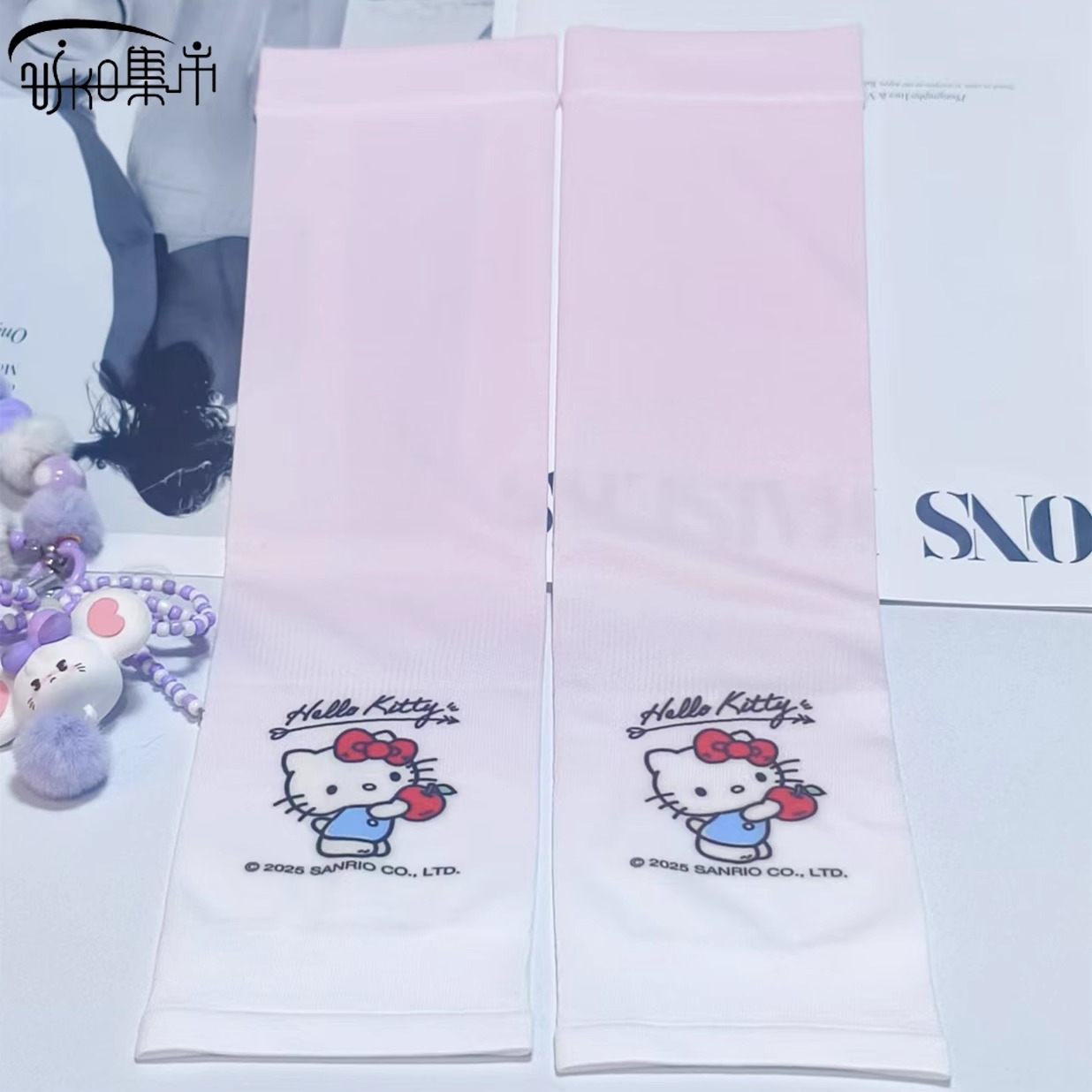 麦朵袖套/袖套儿童/刺绣布袖套/针织运动护袖/手套白底实物图