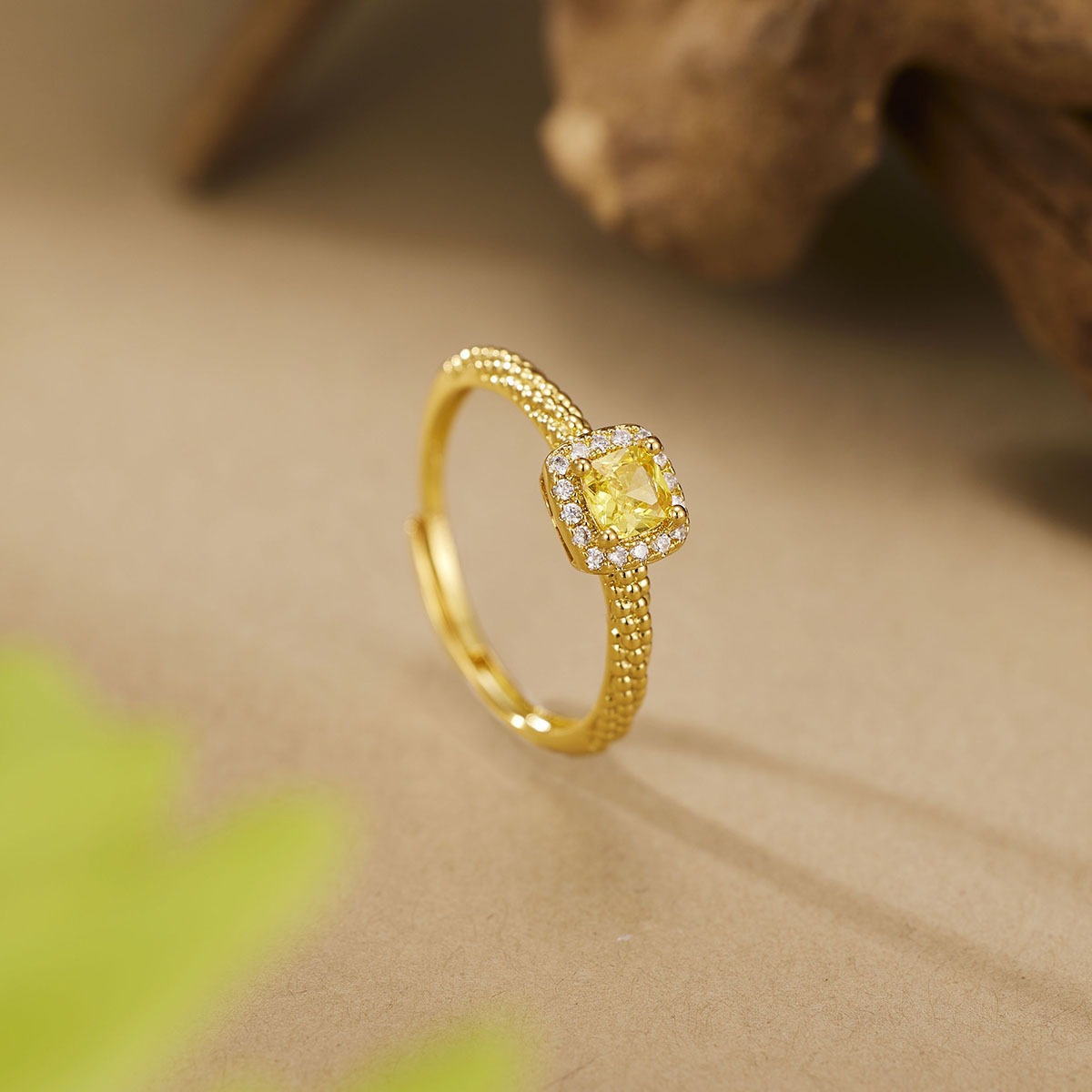 沙金小方糖黄钻镶钻戒指时尚轻奢高级感铜镀仿金古法点金指戒