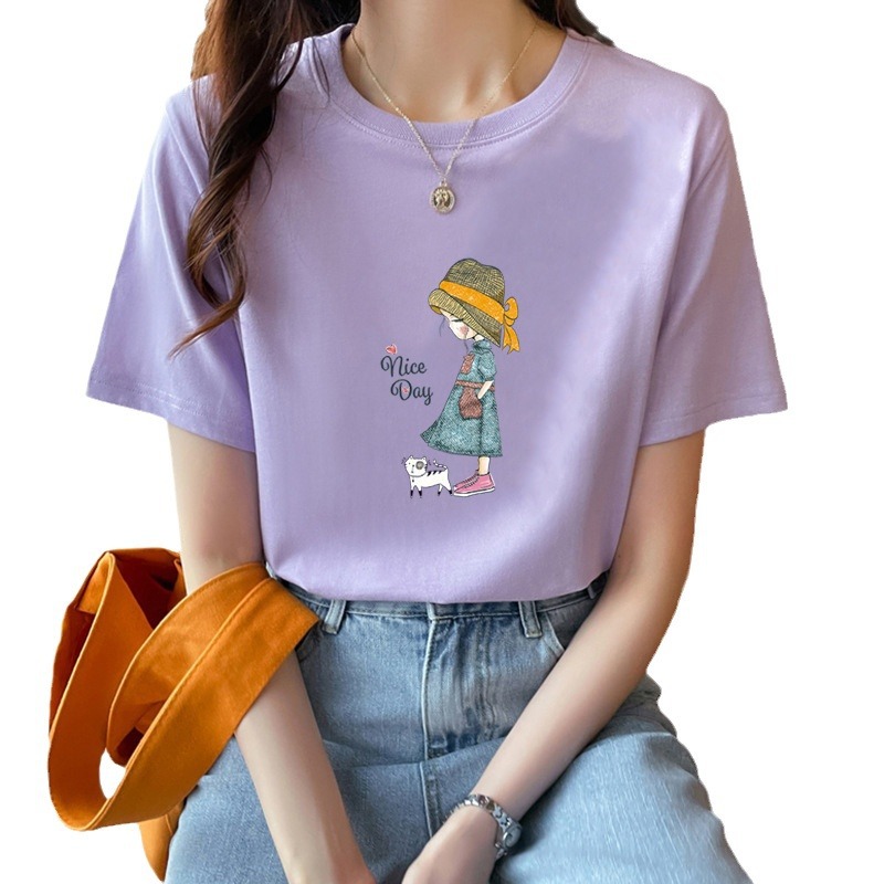 Pure cotton short-sleeved T-shirt for women, off-the-shoulder casual top, half-sleeved 2025 summer new style, all-cotton T-shirt for outerwear as a base layer Item Picture