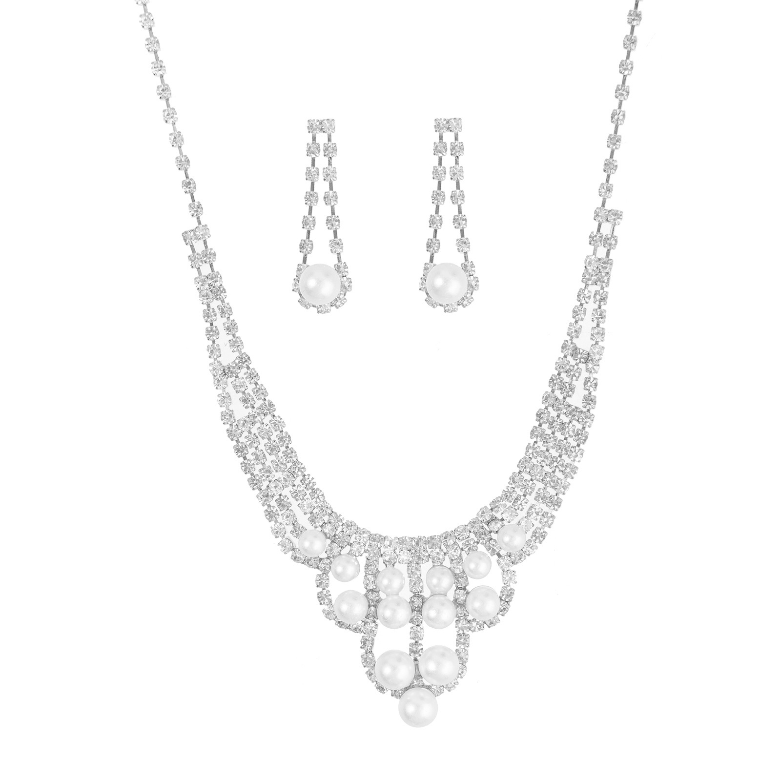 Cross-border supply, wedding banquet, elegant pearl and rhinestone necklace, earrings, three-dimensional hollowed-out design jewelry set, chain set Item Picture