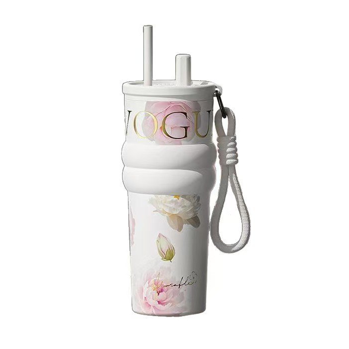Stainless steel floral straw insulated cup for men and women, high appearance level portable coffee cup, large-capacity car water cup Item Picture