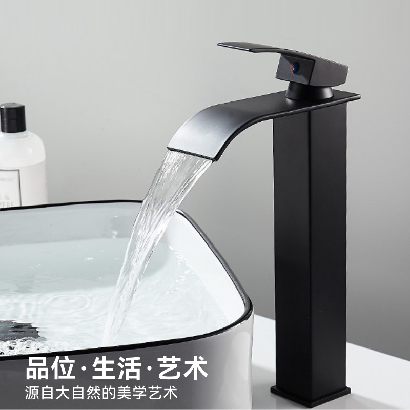 Cross-border basin waterfall faucet, cold and hot dual-purpose black stainless steel wide-mouth faucet, simple balcony table faucet details Picture