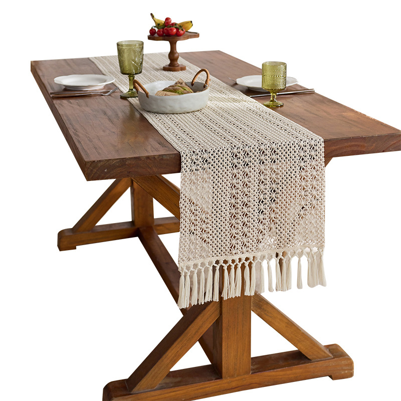 奶油风米字纹桌旗流苏镂空编织美式乡村农舍派对餐桌茶几装饰桌布白底实物图